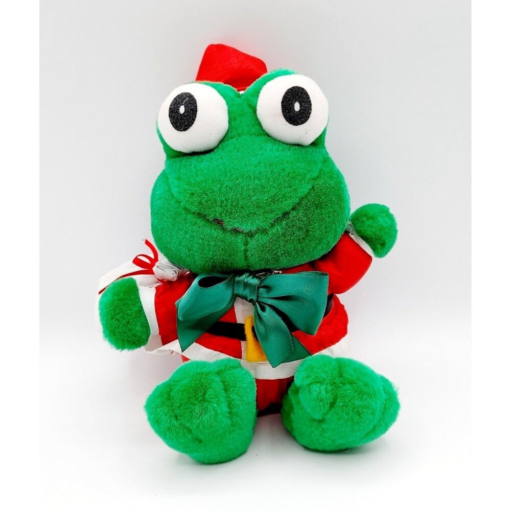 Vintage Christmas Santa Frog Plush Green Red Holiday Stuffed Animal 9"